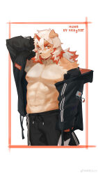 Rule 34 | 1boy, :/, abs, absurdres, alternate costume, animal ears, arknights, bara, bare pectorals, black shorts, brown fur, dog boy, dog ears, feet out of frame, furry, furry male, highres, horns, hung (arknights), jacket, jacket partially removed, large pectorals, looking at viewer, male focus, medium hair, multicolored hair, muscular, muscular male, navel, nipples, off shoulder, orange eyes, orange hair, pectorals, scratching head, shorts, single horn, solo, stomach, streaked hair, strongman waist, thick eyebrows, track jacket, two-tone fur, white fur, white hair, xian goutou hz