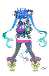 Rule 34 | 1girl, @ @, absurdres, ahoge, animal ears, aqua hair, black pantyhose, blue eyes, blue hair, boots, bow, commentary request, crossed arms, crossed bangs, drawstring, fujimoto satoru, full body, grin, hair bow, highres, hood, hoodie, horse ears, horse girl, horse tail, legs apart, long hair, long sleeves, looking at viewer, multicolored clothes, multicolored hair, multicolored hoodie, one eye closed, pantyhose, sharp teeth, sidelocks, signature, simple background, smile, solo, standing, straight-on, striped, striped bow, stuffed animal, stuffed rabbit, stuffed toy, tachi-e, tail, teeth, twin turbo (umamusume), twintails, umamusume, very long hair, white background, yellow footwear