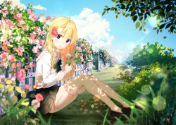 Rule 34 | 1girl, absurdres, black skirt, blonde hair, blouse, blue eyes, blurry, blurry foreground, bouquet, braid, cloud, dappled sunlight, day, fence, flower, full body, hair flower, hair ornament, highres, holding, holding bouquet, lens flare, long hair, looking at viewer, looking to the side, miniskirt, on floor, original, oto (pixiv7885215), outdoors, pleated skirt, school uniform, serafuku, shirt, shoes, side braid, single braid, sitting, skindentation, skirt, sky, solo, sunlight, thighhighs, tree, very long hair, white shirt, white thighhighs, yin qi, yinchi, zettai ryouiki