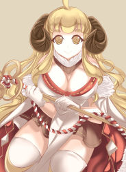 Rule 34 | 10s, 1girl, anila (granblue fantasy), blonde hair, breasts, cleavage, draph, eyebrows, female focus, gloves, granblue fantasy, highres, horns, large breasts, long hair, looking at viewer, marionette (excle), sheep horns, solo, thighhighs, white thighhighs, yellow eyes