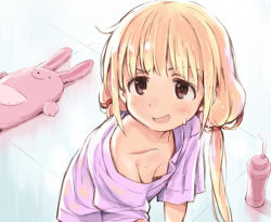 Rule 34 | 1girl, blonde hair, blush, bottle, breasts, brown eyes, cleavage, clip studio paint (medium), collarbone, commentary request, derivative work, downblouse, drinking straw, from above, futaba anzu, idolmaster, idolmaster cinderella girls, long hair, looking at viewer, low twintails, meme, mirakichi, open mouth, sailor moon redraw challenge (meme), shirt, small breasts, smile, solo, stuffed animal, stuffed rabbit, stuffed toy, sweatdrop, t-shirt, twintails, upper body