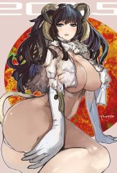 Rule 34 | 1girl, ass, black hair, blue eyes, breasts, chinese zodiac, cleavage, elbow gloves, gloves, goat horns, horns, huge breasts, long hair, monster girl, pupps, sheep, solo, tail, thick thighs, thighs, year of the goat