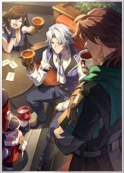 1girl 1other 2boys ^_^ arm_strap ascot astral_express_(honkai:_star_rail) belt black_gloves black_jacket black_pants border brown_hair chibikemo closed_eyes cup drink elbow_rest from_above from_side glasses gloves grey_hair hat highres holding holding_cup honkai:_star_rail honkai_(series) indoors jacket long_hair mikhail_(honkai:_star_rail) mug multiple_boys official_art open_mouth pants pom-pom_(honkai:_star_rail) razalina_(honkai:_star_rail) round_eyewear shirt short_hair sitting smile standing table thigh_strap third-party_source tiernan_(honkai:_star_rail) toasting_(gesture) white_ascot white_border white_shirt