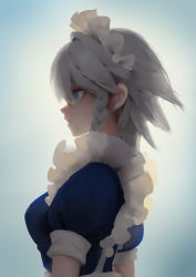 Rule 34 | 1girl, absurdres, bing bing, blue background, blue dress, blue eyes, braid, breasts, dress, from side, grey hair, highres, izayoi sakuya, large breasts, maid, maid headdress, parted lips, profile, puffy short sleeves, puffy sleeves, short hair, short sleeves, side braids, solo, touhou, upper body
