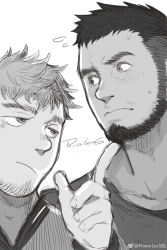 Rule 34 | 2boys, bara, beard, blush, eye contact, facial hair, flying sweatdrops, goatee, greyscale, half-closed eyes, hand on another&#039;s chin, highres, looking at another, male focus, mature male, monochrome, multiple boys, muscular, muscular male, original, powerlesssong, short hair, sketch, stubble, thick eyebrows, undercut, upper body, weibo logo, weibo watermark, yaoi