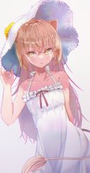 Rule 34 | 1girl, absurdres, animal ears, bare arms, bare shoulders, blush, brown hair, collarbone, commentary request, dress, frilled dress, frills, grey background, hair between eyes, hand on headwear, hand up, hat, highres, indie virtual youtuber, lion ears, lion girl, lion tail, long hair, parted lips, red ribbon, ribbon, rur (ml ruru), rurudo lion, rurudo lion (1st costume), simple background, sleeveless, sleeveless dress, solo, straw hat, tail, very long hair, virtual youtuber, white dress, white hat, yellow eyes