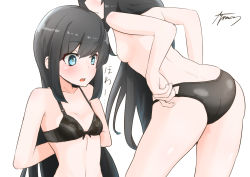 Rule 34 | 1girl, asashio (kancolle), ass, ayuman, black bra, black hair, black panties, blue eyes, bra, breasts, dressing, head out of frame, highres, kantai collection, leaning forward, long hair, multiple views, panties, signature, simple background, small breasts, topless, underwear, underwear only, upper body, white background