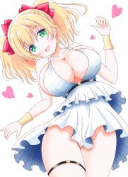 Rule 34 | 1girl, bare shoulders, belt, black belt, blonde hair, blush, bow, breasts, frilled shirt, frilled skirt, frills, gluteal fold, green eyes, hair between eyes, hair bow, halterneck, head tilt, heart, highres, imai kazunari, lapis re:lights, large breasts, lavie (lapis re:lights), looking at viewer, medium hair, no bra, no panties, open mouth, red bow, shirt, simple background, skirt, skirt set, sleeveless, sleeveless shirt, smile, solo, thigh strap, twintails, underbust, white background, white shirt, white skirt, wristband