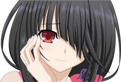 Rule 34 | 10s, 1girl, black background, black hair, date a live, face, female focus, flower, hair ornament, hair over one eye, looking at viewer, pink ribbon, red eyes, ribbon, rose, solo, tokisaki kurumi, twintails