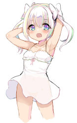 Rule 34 | 1girl, :d, arm behind head, arm up, armpits, bare arms, bare shoulders, blue eyes, blush, bow, collarbone, cropped legs, dress, fang, full body, fur-trimmed dress, fur trim, hair between eyes, hair bow, hand up, long hair, looking at viewer, multicolored eyes, open mouth, original, pink ribbon, purple eyes, ribbon, see-through silhouette, silver hair, simple background, smile, solo, standing, twintails, unname, white background, white bow, white dress