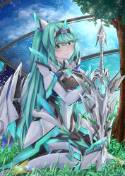 Rule 34 | 1girl, armor, blush, breasts, character name, commentary, day, earrings, elbow gloves, gem, gloves, green eyes, green hair, hair ornament, headpiece, highres, jewelry, large breasts, long hair, looking at viewer, neon trim, nintendo, pneuma (xenoblade), ponytail, sarasadou dan, smile, solo, spoilers, swept bangs, tiara, very long hair, xenoblade chronicles (series), xenoblade chronicles 2