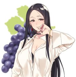 Rule 34 | 1girl, arm up, black bra, black hair, blouse, bra, breasts, brown eyes, cleavage, closed mouth, collarbone, collared shirt, commentary, earrings, food, forehead, fruit, grapes, jewelry, k52, lips, long hair, long sleeves, looking at viewer, nail polish, original, pink nails, shirt, smile, solo, symbol-only commentary, underwear, upper body, white shirt