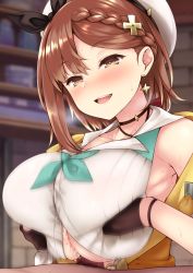 Rule 34 | 1boy, 1girl, armpits, atelier (series), atelier ryza, atelier ryza 2, blush, braid, breasts squeezed together, breasts, brown eyes, brown hair, cum, earrings, gloves, hair ornament, hairclip, hat, highres, jewelry, large breasts, open mouth, paizuri, paizuri under clothes, partially fingerless gloves, penis, reisalin stout, shirt, short hair, sleeveless, sleeveless jacket, sweat, uni8, white headwear