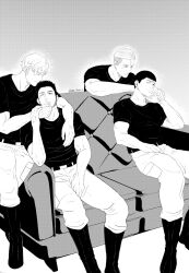 Rule 34 | 4boys, ao isami, arm around shoulder, bbb kuro 96, boots, character request, couch, couple, facial hair, hand on another&#039;s chin, hand on another&#039;s hand, highres, lewis smith, male focus, multiple boys, on couch, one eye closed, ryuji satake, sideburns stubble, sitting, smile, stubble, thick eyebrows, toned, toned male, yaoi, yuuki bakuhatsu bang bravern