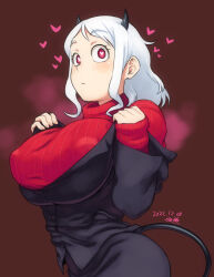 Rule 34 | 1girl, black horns, black suit, black tail, breasts, commentary request, covered erect nipples, cowboy shot, dated, demon girl, demon horns, demon tail, formal, heart, heart-shaped pupils, helltaker, horns, large breasts, looking at viewer, medium hair, modeus (helltaker), red eyes, red sweater, ribbed sweater, signature, simple background, solo, steaming body, suit, sweater, symbol-shaped pupils, tail, tsukudani (coke-buta), turtleneck, turtleneck sweater, white hair