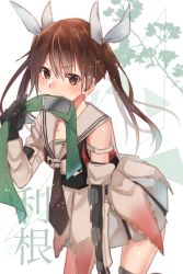 Rule 34 | 1girl, blush, brown eyes, brown hair, cosplay, elbow gloves, gloves, hair ribbon, headband, unworn headband, jintsuu (kancolle), jintsuu (kancolle) (cosplay), kantai collection, long hair, mouth hold, necktie, pleated skirt, remodel (kantai collection), ribbon, rinto (rint rnt), sailor collar, skirt, solo, tone (kancolle), twintails, white background