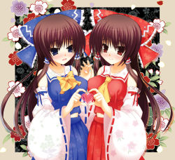 Rule 34 | 1girl, alternate color, bare shoulders, blue eyes, blush, breasts, brown hair, detached sleeves, dual persona, flower (symbol), hair tubes, hakurei reimu, heart, heart hands, heart hands duo, kom (1323736), large breasts, long hair, navel, open mouth, player 2, red eyes, symmetrical pose, touhou