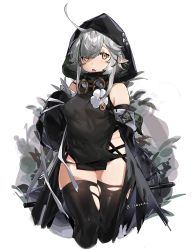 Rule 34 | 1girl, ahoge, arknights, black thighhighs, breasts, crocodilian tail, cropped legs, detached sleeves, flower, goggles, goggles around neck, green hair, grey hair, highres, hood, hood up, ierotak, medium breasts, multicolored hair, open mouth, pointy ears, short hair with long locks, solo, streaked hair, tail, thighhighs, tomimi (arknights), torn clothes, torn thighhighs, twitter username, white flower, yellow eyes
