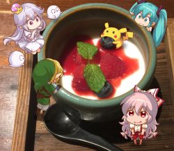 Rule 34 | 1boy, 3girls, aqua eyes, aqua hair, bare shoulders, black gloves, blonde hair, blueberry, boo (mario), boots, bow, bowl, brown footwear, chibi, chinese commentary, commentary request, creatures (company), crown, dress, drooling, fingerless gloves, food, food on face, fruit, fujiwara no mokou, full body, game freak, gen 1 pokemon, gloves, green hat, green tunic, hair between eyes, hair ornament, hands up, hat, hatsune miku, jokanhiyou, link, long hair, looking at viewer, luigi&#039;s mansion, mario (series), mini crown, multiple girls, nintendo, ofuda, pants, pikachu, pink hair, pointy ears, pokemon, pokemon (creature), pouch, princess king boo, puffy short sleeves, puffy sleeves, raspberry, red eyes, red footwear, red pants, shadow, shirt, shoes, short sleeves, silver hair, spoon, standing, super crown, suspenders, the legend of zelda, touhou, tunic, twintails, very long hair, vocaloid, white bow, white dress, white footwear, white gloves, white pants, white shirt
