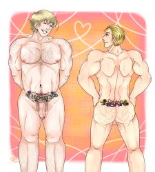 Rule 34 | 2boys, ass, axis powers hetalia, back tattoo, bara, blonde hair, blue eyes, chest hair, germany (hetalia), grin, highres, looking at another, male focus, multiple boys, muscular, navel, nipples, nude, pectorals, penis, pubic tattoo, russia (hetalia), scar, short hair, smile, standing, tattoo, teeth, testicles, tramp stamp, uncensored, yaoi