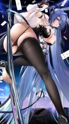 Rule 34 | 1girl, 504 gateway, ass, azur lane, bad id, bad pixiv id, between buttocks, blue eyes, blue hair, breasts, butt crack, card, cleavage, clothes pull, cuffs, handcuffs, high heels, highres, large breasts, legs, long hair, looking at viewer, new jersey (azur lane), panties, panty pull, pantyhose, pantyhose pull, patent heels, playing card, pole, pumps, shoes, smile, solo, stripper pole, thighs, underwear, undressing, very long hair