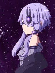 Rule 34 | 1girl, bare shoulders, commentary, detached sleeves, dress, frilled dress, frills, from side, hair over one eye, hair tubes, headpiece, highres, jacket, kakihito shirazu, one eye covered, purple background, purple dress, purple eyes, purple hair, purple jacket, purple sleeves, removing jacket, short hair with long locks, solo, upper body, vocaloid, voiceroid, yuzuki yukari