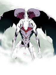 Rule 34 | blood, blood from mouth, dripping, fog, grey background, hosaka dx, leaning back, legs apart, mass production eva, mecha, neon genesis evangelion, no humans, robot, solo, standing, wings
