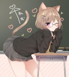 Rule 34 | 1girl, ;3, ai ai gasa, animal ear fluff, animal ears, black-framed eyewear, black sweater, blush, brown hair, cat ears, cat girl, cat tail, chalkboard, closed mouth, commentary, desk, diagonal stripes, glasses, grey skirt, hands up, heart, leaning forward, long hair, long sleeves, looking at viewer, mafuyu (chibi21), multicolored hair, one eye closed, original, pleated skirt, purple eyes, purple hair, school desk, semi-rimless eyewear, signature, skirt, sleeves past fingers, sleeves past wrists, solo, streaked hair, striped, striped background, sweater, symbol-only commentary, tail, tail raised, under-rim eyewear