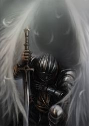 Rule 34 | 1boy, angel wings, armor, dark souls (series), dark souls i, feathers, from software, full armor, gauntlets, gloves, helmet, highres, kneeling, knight, knight of astora oscar, male focus, on one knee, solo, sword, weapon, wings