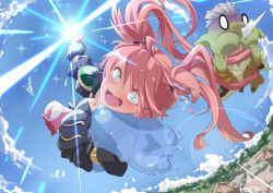 Rule 34 | 1boy, 1girl, 1other, absurdres, ahoge, artist name, blue eyes, blue sky, casting spell, cloud, colored skin, fang, feca, floating hair, goblin, gobuta (tensei shitara slime datta ken), green skin, hair between eyes, highres, long hair, long sleeves, looking at viewer, milim nava, o o, open mouth, pink hair, red footwear, rimuru tempest, signature, single thighhigh, skin fang, sky, slime (substance), spitting, striped clothes, striped thighhighs, swept bangs, tensei shitara slime datta ken, thighhighs, twintails, very long hair