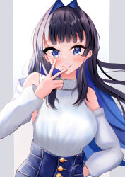 Rule 34 | 1girl, blue eyes, blue hair, blue pants, blunt bangs, blush, breasts, colored inner hair, detached sleeves, hair intakes, high-waist pants, highres, hime cut, hololive, hololive english, kai-yo, large breasts, long hair, long sleeves, looking at viewer, multicolored hair, ouro kronii, ouro kronii (casual), pants, shirt, smile, solo, virtual youtuber, white shirt, white sleeves