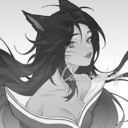 Rule 34 | 1girl, ahri (league of legends), animal ears, bare shoulders, breasts, cleavage, collarbone, commission, facial mark, fiiiiiiisher7, fox ears, fox girl, grey background, greyscale, hair between eyes, highres, league of legends, long hair, looking at viewer, medium breasts, monochrome, parted lips, simple background, smile, solo, upper body, whisker markings