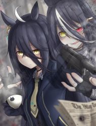 Rule 34 | 2girls, absurdres, ahoge, animal print, blurry, blurry foreground, casing ejection, cat print, coat, commentary, cup, earrings, english commentary, eyes visible through hair, fingerless gloves, firing, genderswap, genderswap (mtf), ghost, gloves, gun, handgun, heterochromia, highres, holding, holding gun, holding weapon, horse girl, jewelry, leogust, long bangs, m1911, manhattan cafe (umamusume), mixed-language commentary, multicolored hair, multiple girls, necktie, newspaper, personification, pistol, red eyes, sharp teeth, shell casing, single earring, streaked hair, sunday silence (racehorse), teacup, teeth, translucent, two-tone hair, umamusume, weapon, weapon request, white hair, yellow eyes, yellow neckwear