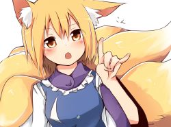 Rule 34 | 1girl, animal ears, blonde hair, female focus, fox ears, fox shadow puppet, fox tail, looking at viewer, multiple tails, no headwear, open mouth, short hair, simple background, solo, tail, tosura-ayato, touhou, white background, yakumo ran, yellow eyes
