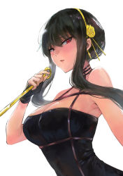 Rule 34 | 1girl, absurdres, bare shoulders, black dress, black gloves, black hair, blush, breasts, cleavage, commentary request, dagger, dress, earrings, fingerless gloves, flower, gloves, hairband, hand up, highres, holding, holding weapon, jewelry, knife, large breasts, long hair, looking at viewer, open mouth, panbai, red eyes, rose, simple background, solo, spy x family, stiletto (weapon), upper body, weapon, white background, yellow flower, yellow hairband, yellow rose, yor briar