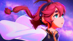 Rule 34 | 1girl, :o, aqua eyes, black hairband, capelet, chestnut mouth, cowlick, end card, floating hair, from side, gundam, gundam suisei no majo, hair behind ear, hair between eyes, hairband, ilya kuvshinov, long hair, official art, open mouth, red hair, short eyebrows, solo, space, suletta mercury, thick eyebrows, white capelet
