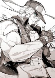 Rule 34 | 1boy, baseball cap, blue eyes, fatal fury, fingerless gloves, gloves, greyscale, hat, highres, jacket, monochrome, muscular, rx hts, simple background, snk, solo, terry bogard, the king of fighters, torn clothes, upper body