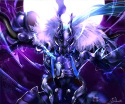 Rule 34 | 1boy, armor, black armor, blue hair, fate/grand order, fate (series), full armor, full moon, fur collar, helmet, long hair, looking at viewer, male focus, minamoto no tametomo (fate), minamoto no tametomo (second ascension) (fate), moon, panda=hiro, purple background, signature, solo, upper body, white eyes