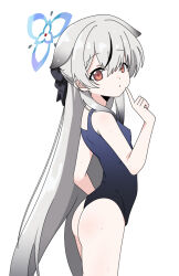 Rule 34 | 1girl, animal ears, ass, bare arms, bare legs, bare shoulders, black one-piece swimsuit, blue archive, blue halo, breasts, closed mouth, cowboy shot, grey hair, hair between eyes, halo, kokona (blue archive), long hair, looking at viewer, nyaru (nyaru 4126), one-piece swimsuit, red eyes, school uniform, simple background, small breasts, solo, swimsuit, tiger ears, white background