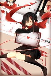 Rule 34 | 1girl, ayano no koufuku riron (vocaloid), bad id, bad pixiv id, black hair, blood, closed eyes, enpera, hair ornament, hairclip, heart, highres, kagerou project, long hair, nanase09rr, open mouth, red scarf, scarf, school uniform, smile, solo, tateyama ayano, television, vocaloid