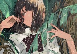 Rule 34 | 1girl, :d, black bow, black bowtie, blush, bow, bowtie, brown hair, collared shirt, fingernails, fly 333, green eyes, hair over one eye, leaf, looking away, looking to the side, messy hair, mud, musaceae, open mouth, original, outdoors, plant, rain, shirt, short hair, short sleeves, sketch, smile, solo, striped bow, striped bowtie, striped clothes, striped neckwear, upper body, water, water drop, wet, wet clothes, wet hair, wet shirt, white shirt