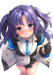 Rule 34 | 1girl, awa yume, bad id, bad twitter id, black gloves, blue archive, blue eyes, blue necktie, blush, breasts, closed mouth, covering privates, covering crotch, embarrassed, gloves, hair ornament, half gloves, highres, jacket, long sleeves, looking at viewer, medium breasts, necktie, pout, purple hair, shirt, simple background, solo, two side up, white background, white jacket, white shirt, yuuka (blue archive)