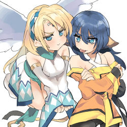 Rule 34 | 2girls, aged down, ainu clothes, angel wings, animal ears, aquaplus, bare shoulders, bent over, blonde hair, blue eyes, blue hair, blush, breasts, breasts squeezed together, cheek bulge, cleavage, closed mouth, collarbone, crossed arms, eyes visible through hair, feathered wings, fingerless gloves, full body, gloves, hair between eyes, hairband, highres, karulau, large wings, long hair, long sleeves, looking at another, medium breasts, messy hair, micon hnhn, multiple girls, off shoulder, pout, sideboob, sidelocks, sleeveless, small breasts, swept bangs, thighs, tongue, tongue out, ulthury, utawarerumono, utawarerumono: lost flag, wide sleeves, wings