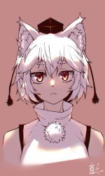 Rule 34 | 1641 (chfhrtor94), 1girl, animal ears, bare shoulders, breasts, detached sleeves, hat, inubashiri momiji, looking at viewer, pom pom (clothes), red eyes, ribbon-trimmed sleeves, ribbon trim, shirt, short hair, signature, simple background, sleeveless, sleeveless shirt, solo, tokin hat, touhou, turtleneck, upper body, white shirt, wolf ears