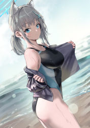 Rule 34 | :o, absurdres, animal ears, beach, blue archive, blue eyes, breasts, competition swimsuit, dripping, earrings, highleg, highleg swimsuit, highres, jewelry, looking at viewer, medium breasts, one-piece swimsuit, open clothes, open shirt, pizzasi, shiroko (blue archive), shiroko (swimsuit) (blue archive), swimsuit, thighs, wet, white hair