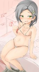 Rule 34 | 1girl, bed, bikini, black hair, black skirt, blush, breasts, earrings, gradient background, green eyes, hair ornament, hairclip, heart, heart-shaped pupils, highres, jewelry, kantai collection, kuroshio (kancolle), lamp, looking at viewer, micro bikini, miniskirt, nipples, okiraku nikku, on bed, one-hour drawing challenge, open mouth, red eyes, ring, sitting, skirt, small breasts, solo, string bikini, swimsuit, symbol-shaped pupils, twitter username, underwear, undressing, wedding ring