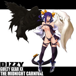 Rule 34 | 1girl, arc system works, asymmetrical wings, blue hair, bow, breasts, choker, dizzy (guilty gear), guilty gear, guilty gear x, guilty gear xx, highres, kon (kdash), large breasts, long hair, necro (guilty gear), red eyes, ribbon, tail, tail ornament, tail ribbon, thighhighs, underboob, undine (guilty gear), wings