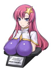 Rule 34 | 00s, 1girl, blue eyes, breasts, covered erect nipples, gundam, gundam seed, gundam seed destiny, hair ornament, impossible clothes, large breasts, meer campbell, pink hair, pun, rindou (radical dream), solo, star (symbol), star hair ornament, upper body