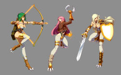 Rule 34 | 3girls, :o, amazon warrior, andromeda (kongai), anex, animal hands, arm up, armband, armlet, armor, armpits, arrow (projectile), ass, bare shoulders, between breasts, blonde hair, blue eyes, blunt bangs, bodysuit, bow, bow (weapon), bracer, breasts, chakram, claws, cleavage, clothing cutout, cropped jacket, crotch plate, drawing bow, fantasy, fighting stance, floating hair, freckles, gem, glint, gloves, glowing, glowing eyes, gold, green hair, grey background, hair between eyes, helene, highres, hip vent, holding, holding bow (weapon), holding sword, holding weapon, jacket, jewelry, kevin lau, kongai, large breasts, leather, leather jacket, leg lift, leotard, lips, lipstick, long hair, magic, makeup, midriff, multiple girls, navel, navel cutout, neck ring, official art, open clothes, open jacket, open mouth, parted bangs, pauldrons, paw shoes, pink hair, profile, quiver, scales, shield, shoes, short hair, shoulder armor, sideboob, sidelocks, simple background, skull, standing, standing on one leg, strap, sword, talons, thigh strap, thighhighs, thighlet, udon entertainment, vambraces, very long hair, weapon, white legwear