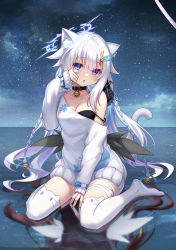 Rule 34 | animal ear fluff, animal ear legwear, animal ears, bell, blue eyes, braid, breasts, cat ears, cat girl, cat tail, fortissimo, full body, hair ornament, halo, heterochromia, long hair, medium breasts, musical note, musical note hair ornament, neck bell, off-shoulder sweater, off shoulder, open mouth, original, paw print, purple eyes, sitting, solo, sramy, sweater, tail, thighhighs, twin braids, wariza, white hair, white thighhighs